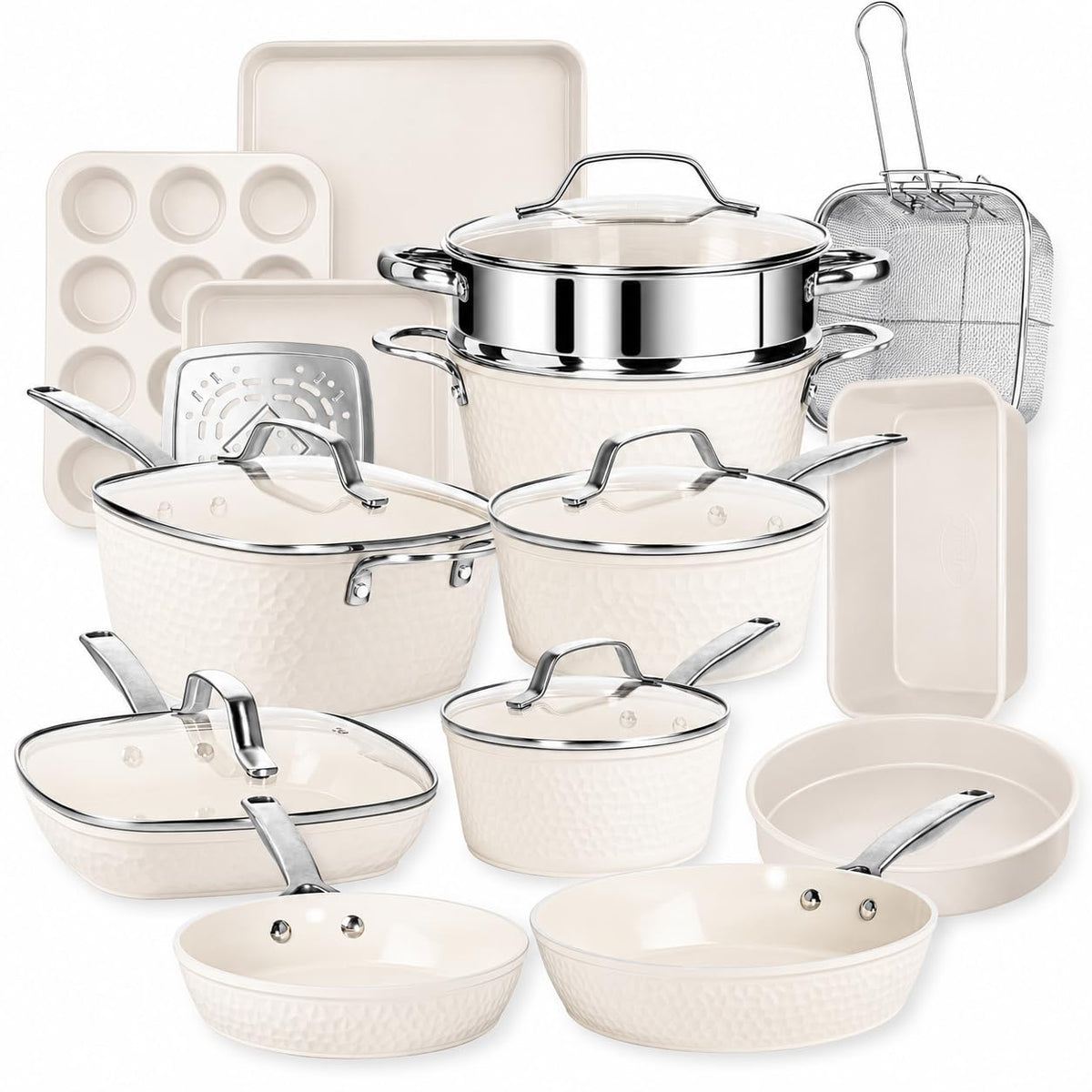 GOTHAM STEEL HAMMERED 20 Pc Ceramic Cookware Set, Titanium & Diamond Coated