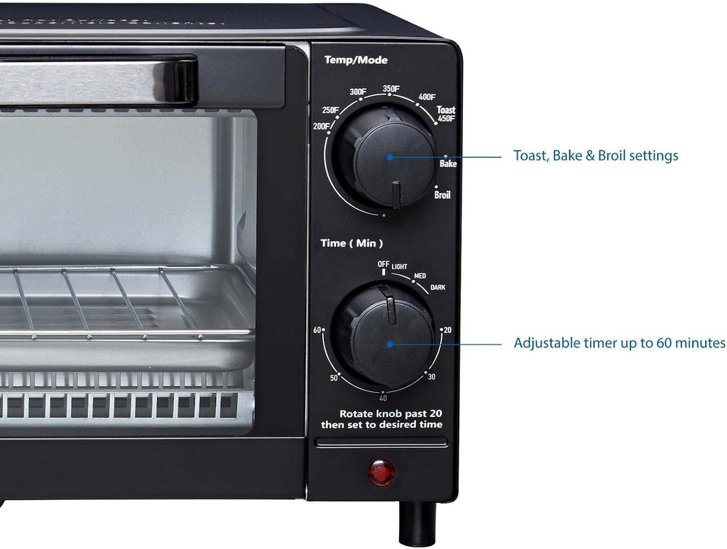 4 Slice Countertop Toaster Oven With 3 Cooking Settings, Black, Includes Baking Rack And Pan, 1050 Watts Quartz Heating Elements