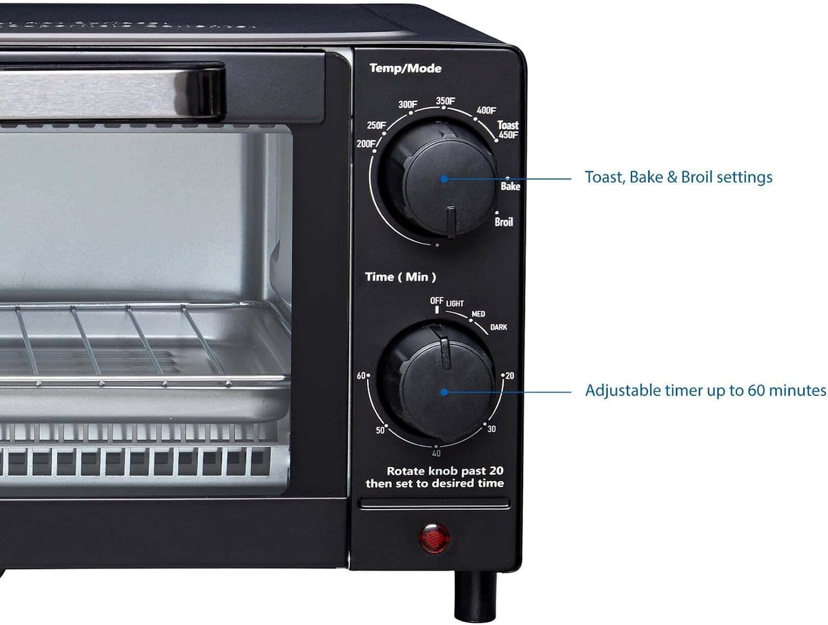 4 Slice Countertop Toaster Oven With 3 Cooking Settings, Black, Includes Baking Rack And Pan, 1050 Watts Quartz Heating Elements