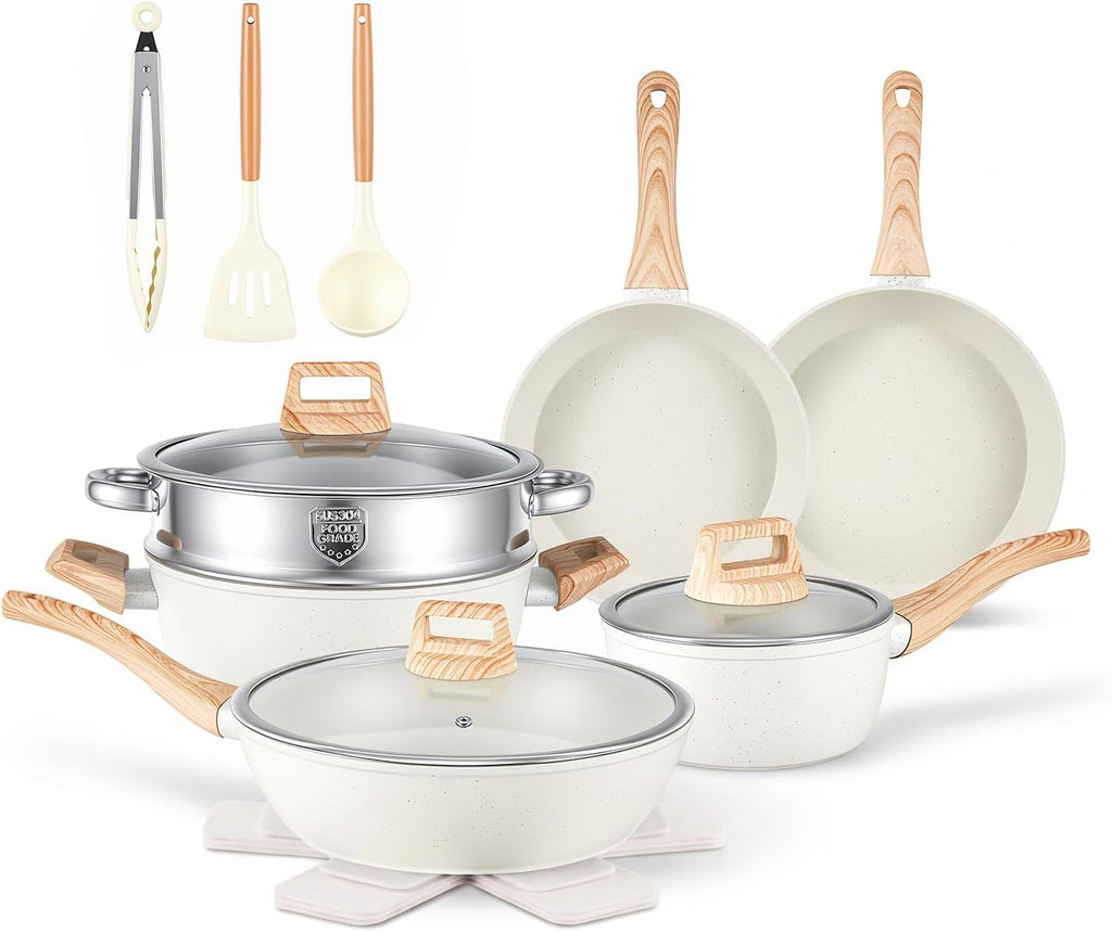 Anymark 16PCS Pots and Pans Set Non Stick Cookware (white, 16pieces)