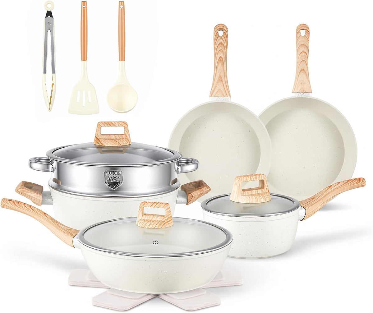 Anymark 16PCS Pots and Pans Set Non Stick Cookware (white, 16pieces)
