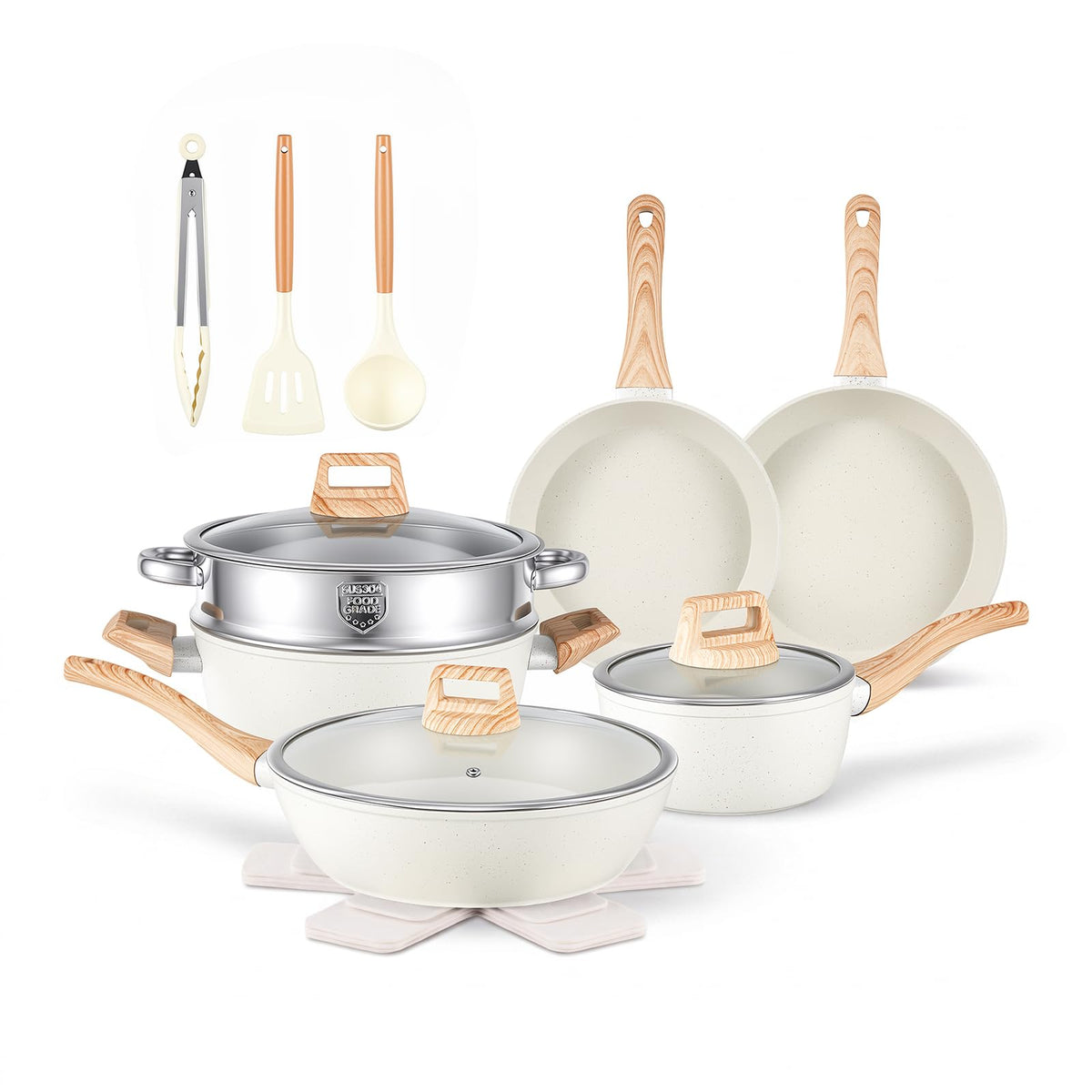 Anymark 16PCS Pots and Pans Set Non Stick Cookware (white, 16pieces)