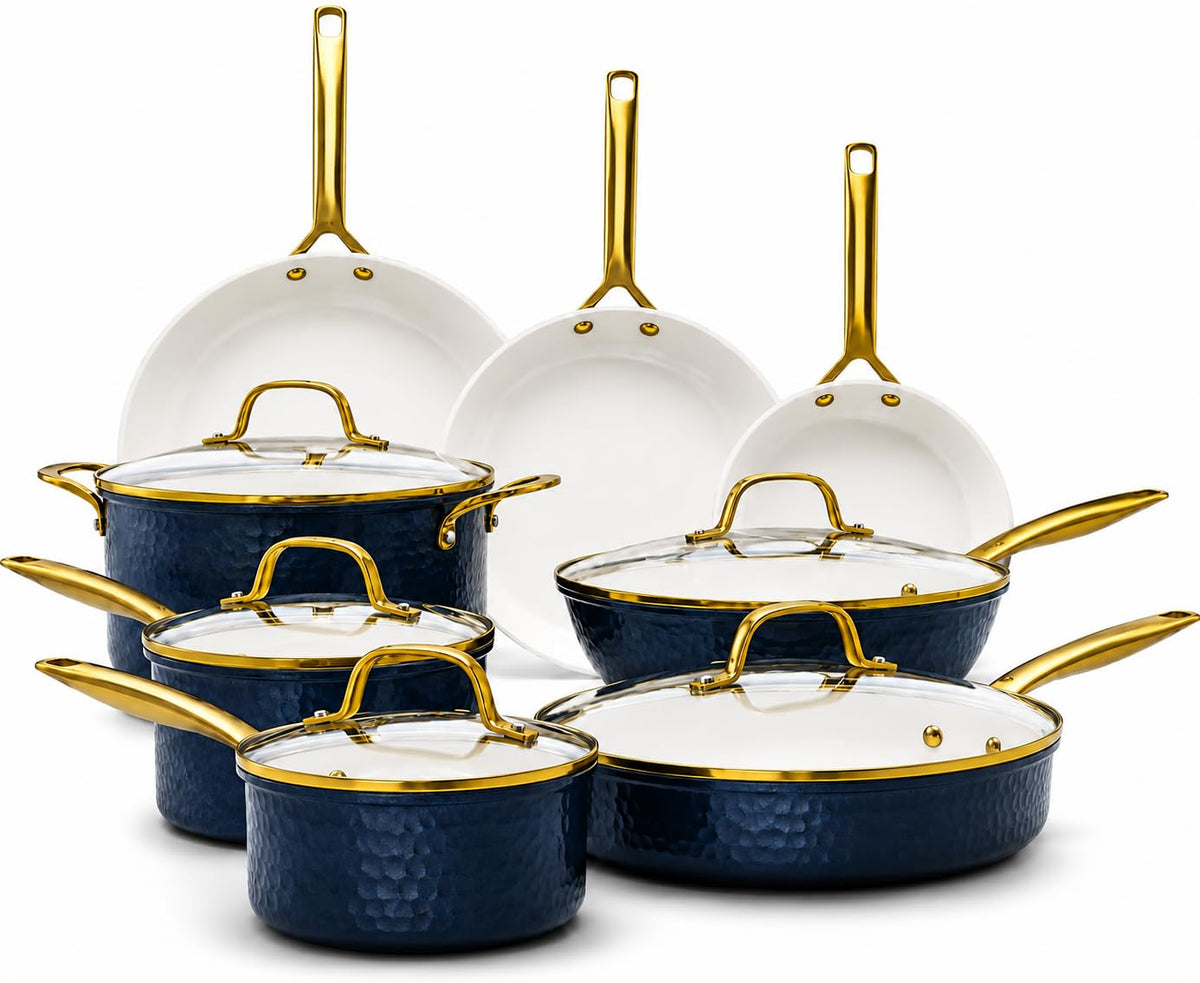 GOTHAM STEEL HAMMERED 13 Pc Ceramic Cookware Set, Titanium & Diamond Coated