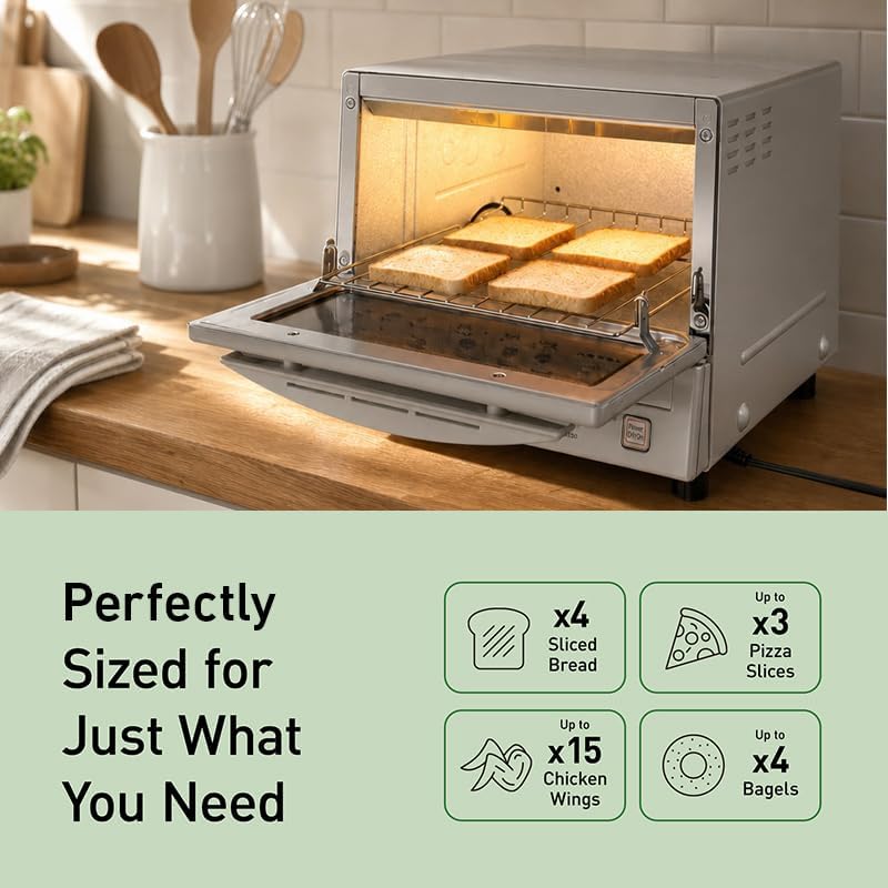 Panasonic FlashXpress Toaster Oven Countertop, 4-Slice Small Toaster Oven Compact Size with Double Infrared Heating, 6 Auto Cook Options and Precise Temperature Control, 1300W - NB-G110P (Silver)