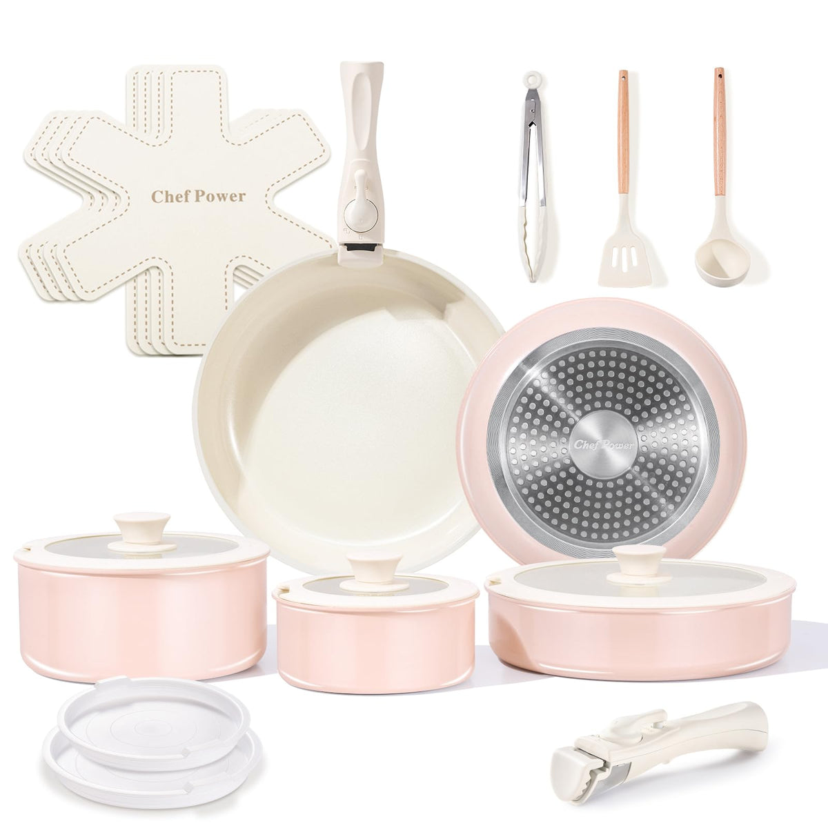 Chef Power Ceramic Nonstick Pots and Pans Set 19 Piece with Detachable Handle, Induction Dishwasher Oven Safe Cookware Set, RV Kitchen Set Removable Handle, Mocca Taupe