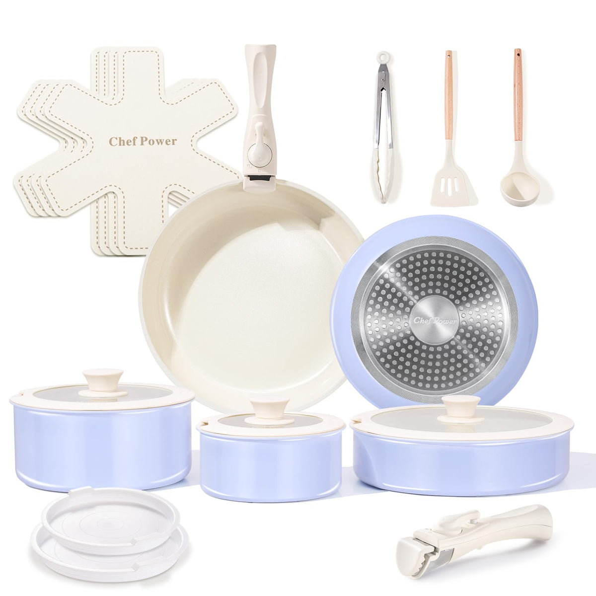 Chef Power Ceramic Nonstick Pots and Pans Set 19 Piece with Detachable Handle, Induction Dishwasher Oven Safe Cookware Set, RV Kitchen Set Removable Handle, Mocca Taupe