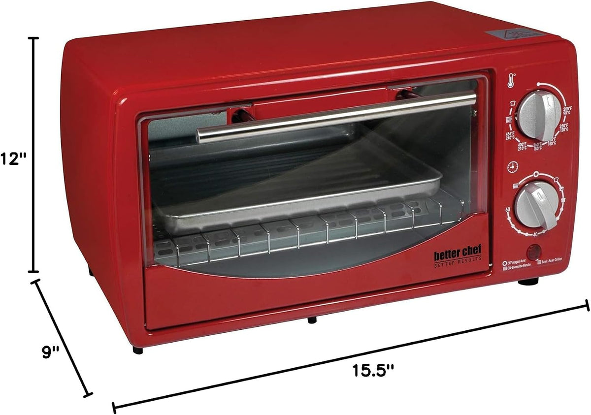 Better Chef Basic Toaster Oven | 4-Slice | 60-Minute Timer | Slide Out Rack | Bake Tray | Broil (Red)