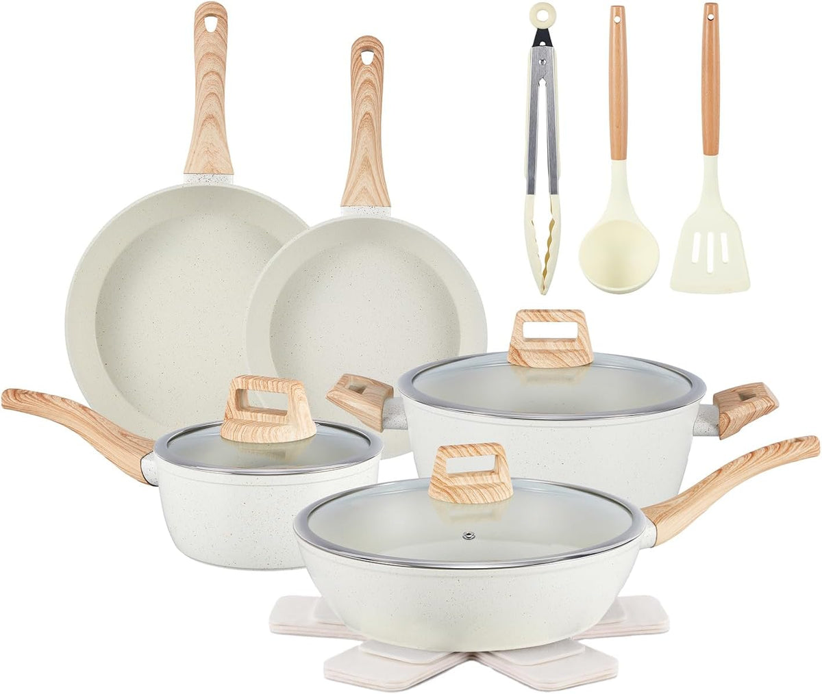 Ceramic Cookware Sets 15PCS Pots and Pans Set Non Stick (white15)