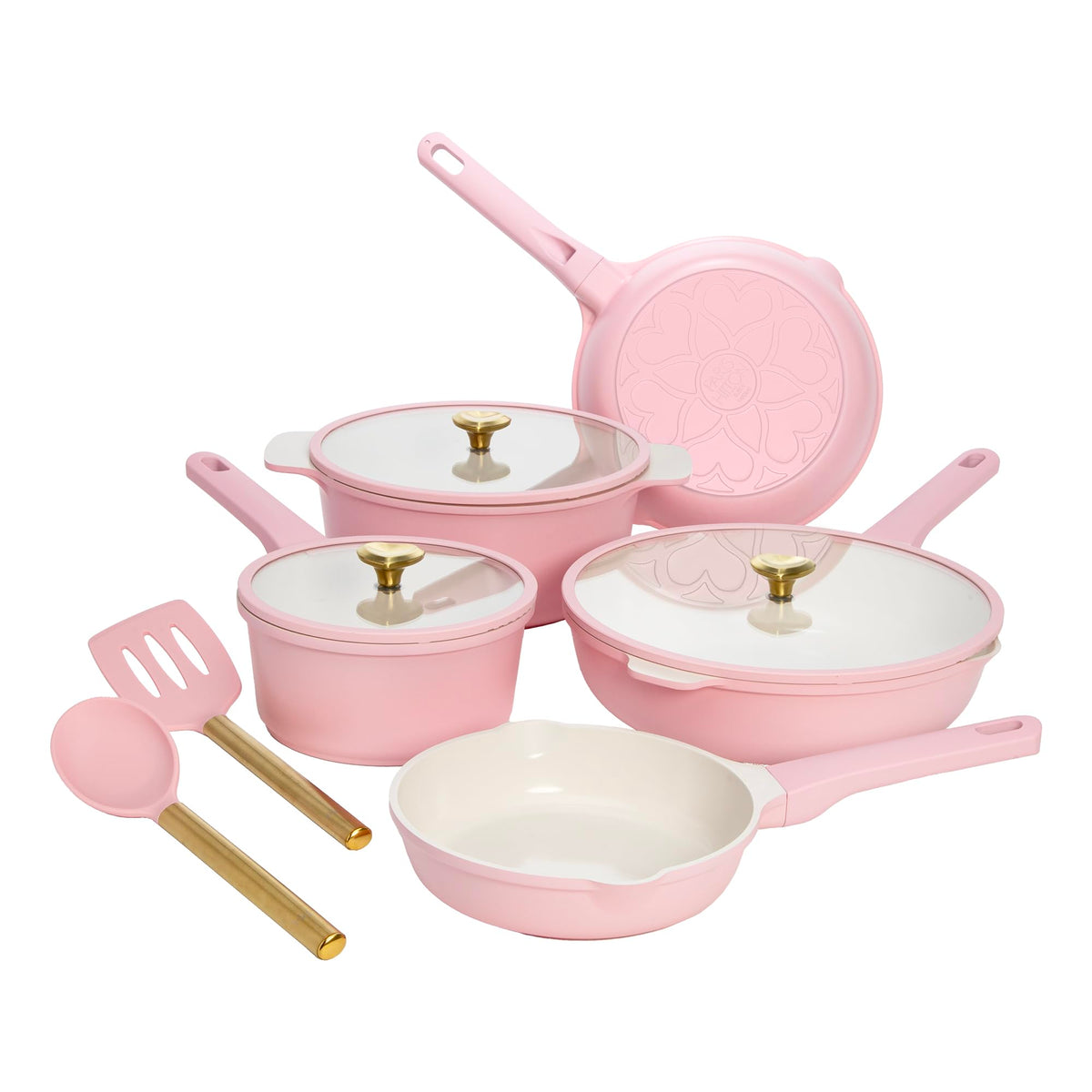 Paris Hilton Ceramic Nonstick Pots and Pans, Cookware Set, Cast Aluminum With Dual Layer Non Stick Coating, Made Without PFAS PFOA PFOS And PTFE, Dishwasher Safe, 10-Piece, Pink