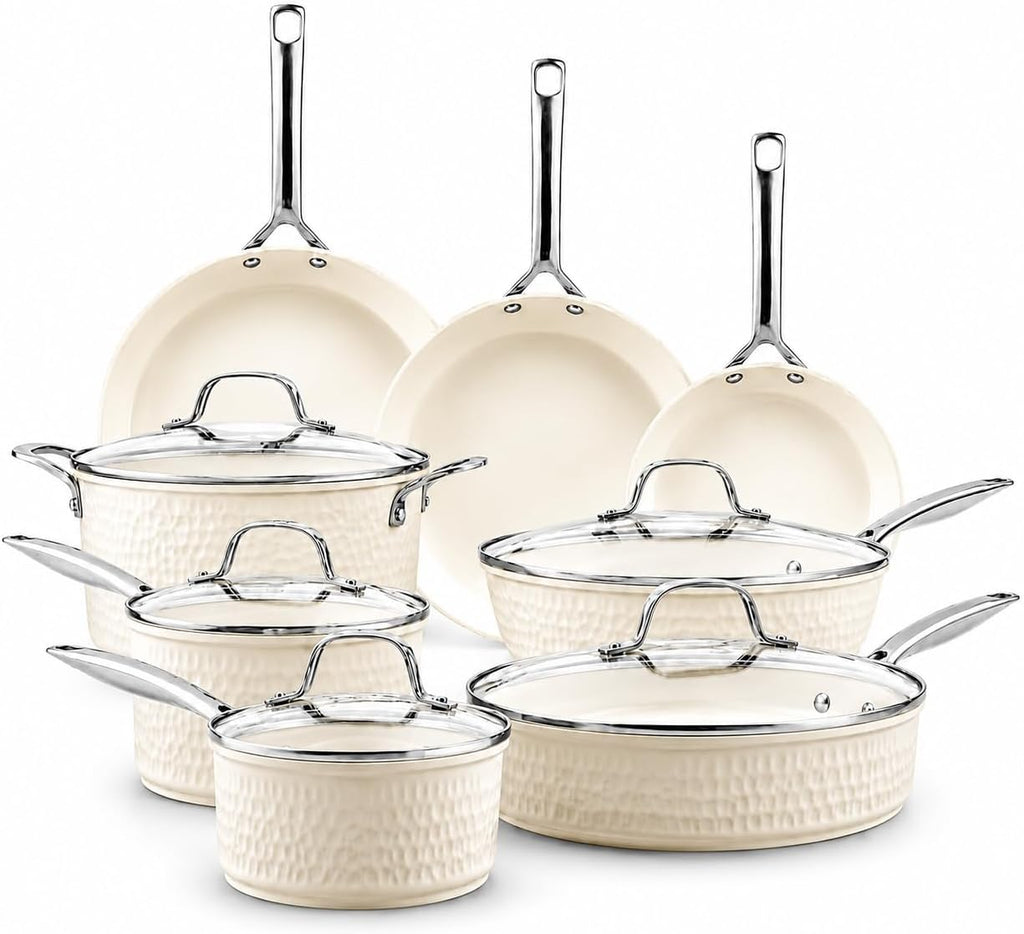 GOTHAM STEEL HAMMERED 13 Pc Ceramic Cookware Set, Titanium & Diamond Coated
