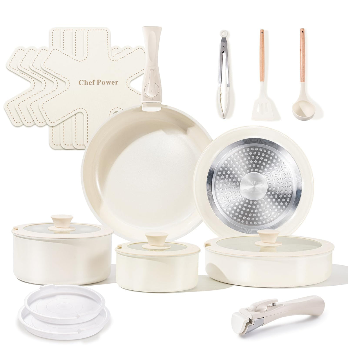 Chef Power Ceramic Nonstick Pots and Pans Set 19 Piece with Detachable Handle, Induction Dishwasher Oven Safe Cookware Set, RV Kitchen Set Removable Handle, Mocca Taupe