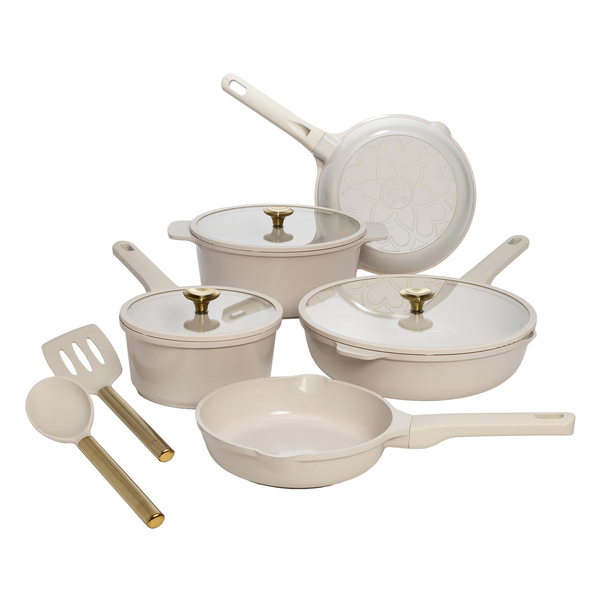 Paris Hilton Ceramic Nonstick Pots and Pans, Cookware Set, Cast Aluminum With Dual Layer Non Stick Coating, Made Without PFAS PFOA PFOS And PTFE, Dishwasher Safe, 10-Piece, Pink