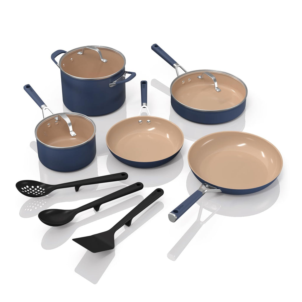 Ninja Ceramic Pro 11Piece Cookware Set, NonStick Pots & Pans Set with Glass Lids, Nontoxic, PTFE Free, Ceramic Coated, Oven Safe, All Stovetops & Induction Compatible, British Racing Green, CW39011GN