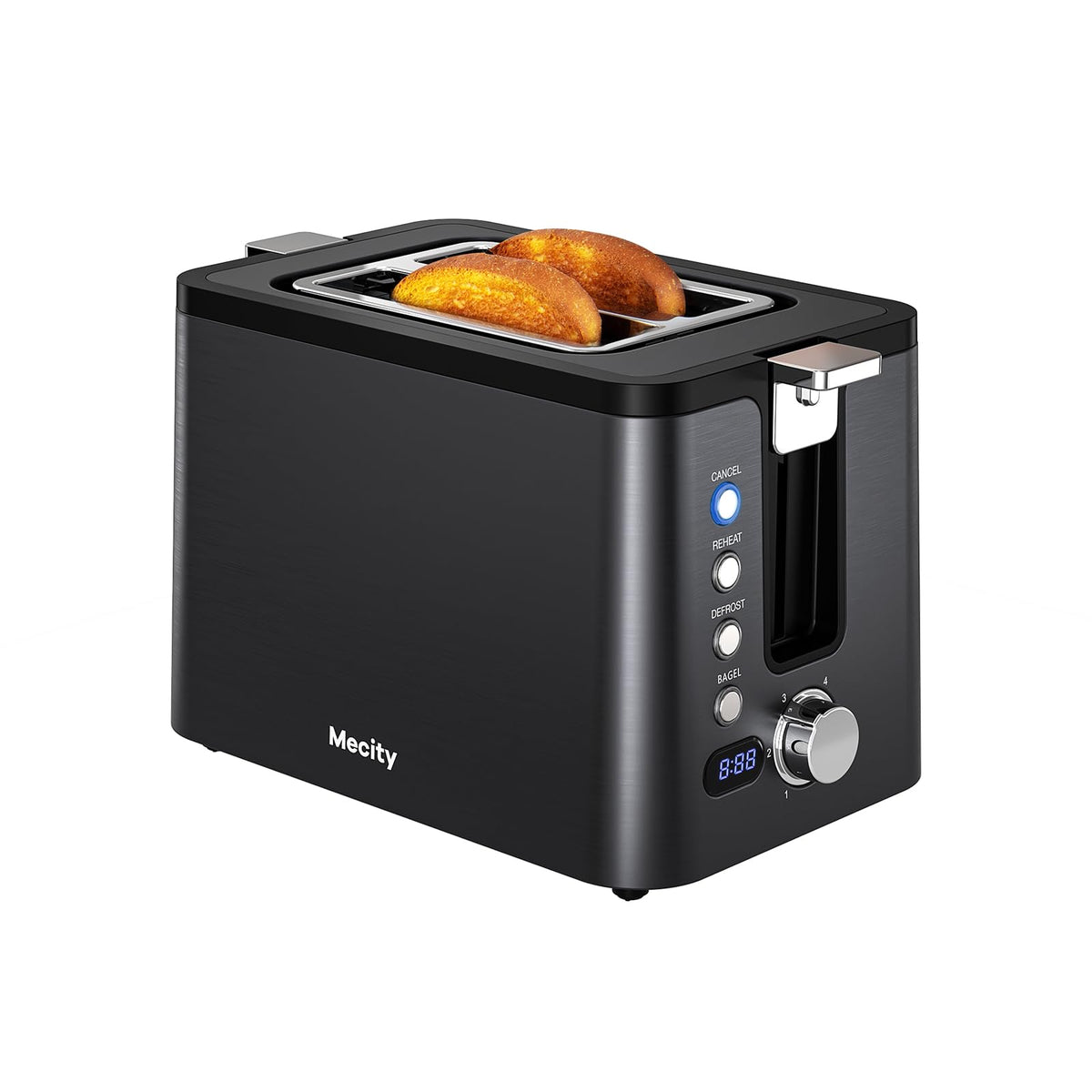 Mecity 4 Slice Toaster, Long Slot Toaster with Timer, Bagel, Defrost, Reheat, Cancel Functions, Warming Rack, Removable Tray, 6 Browning Settings, Extra Wide Slots, Stainless Steel, 1300W