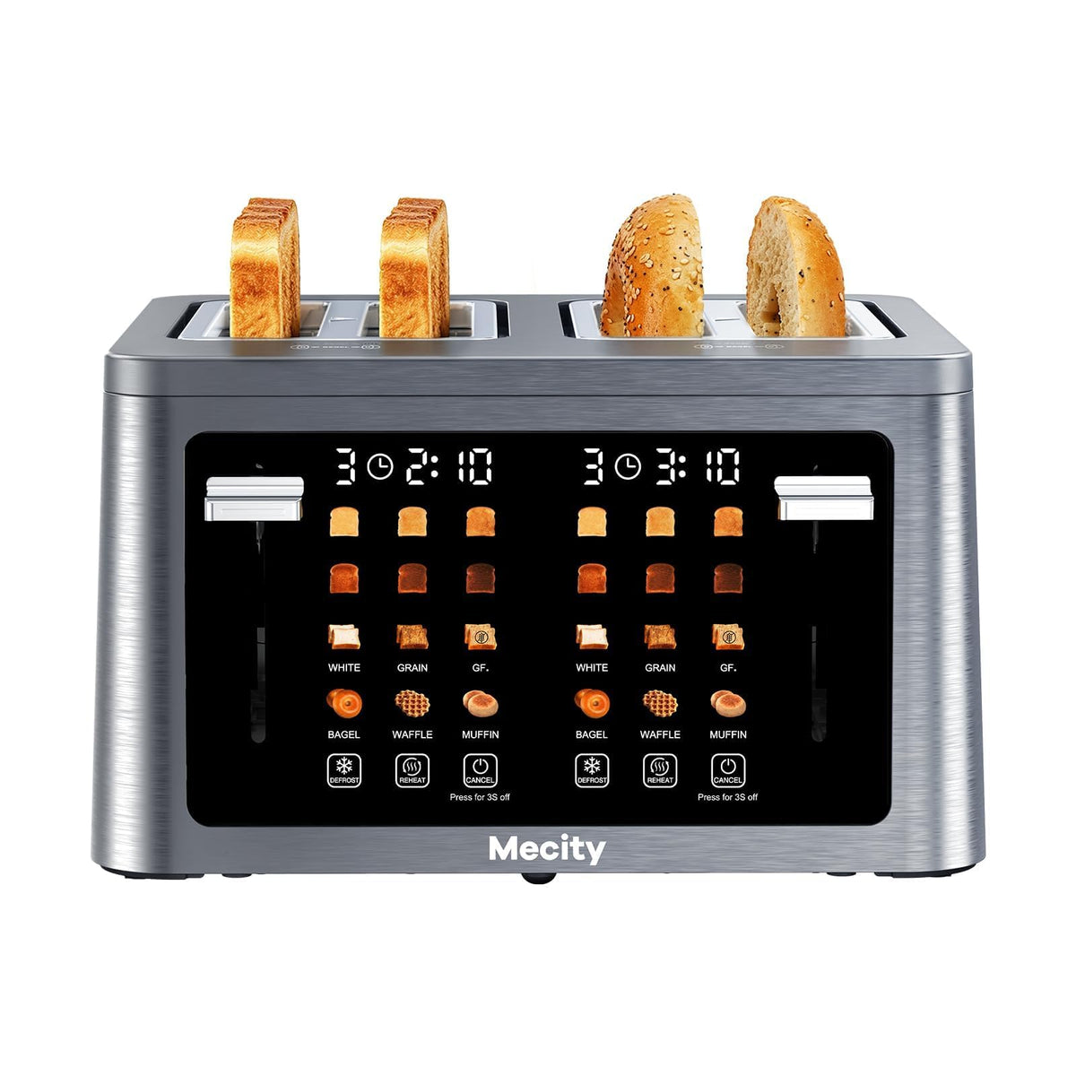 Mecity 4 Slice Touchscreen Toaster, 6 Bread Modes & 6 Browning Levels, Dual Touch Control Wide Slot Stainless Steel Electric Toaster with Memory, Defrost, 3-Min Auto Shutoff for White, Bagels, Waffles