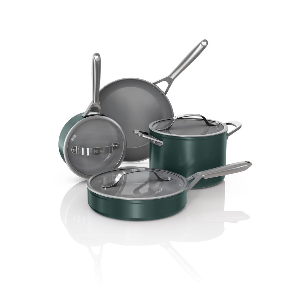 Ninja Ceramic Pro 11Piece Cookware Set, NonStick Pots & Pans Set with Glass Lids, Nontoxic, PTFE Free, Ceramic Coated, Oven Safe, All Stovetops & Induction Compatible, British Racing Green, CW39011GN