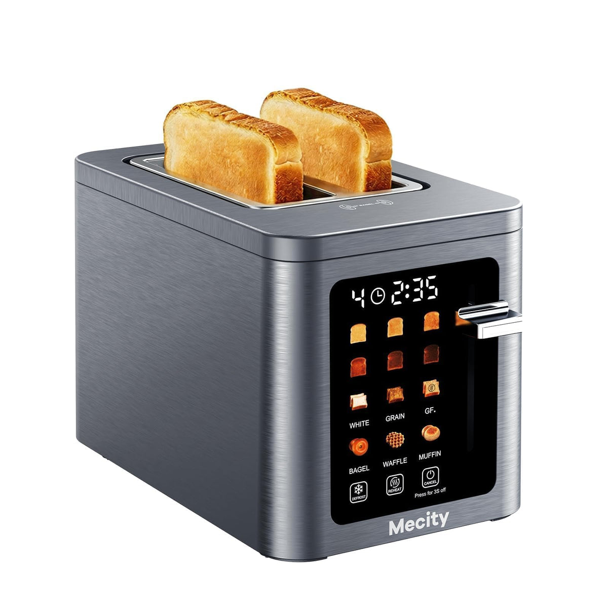 Mecity 4 Slice Touchscreen Toaster, 6 Bread Modes & 6 Browning Levels, Dual Touch Control Wide Slot Stainless Steel Electric Toaster with Memory, Defrost, 3-Min Auto Shutoff for White, Bagels, Waffles