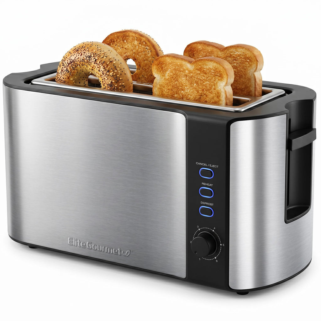 Elite Gourmet 4-Slice Long Slot Toaster, Extra-Wide Slots, 6 Browning