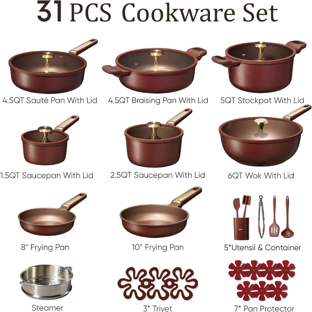 CAROTE 31pcs Nonstick Cookware Sets, Pots and Pans Set with Wok