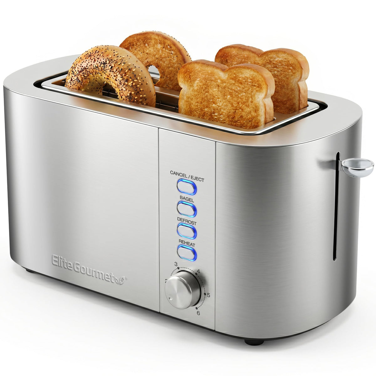 Elite Gourmet 4-Slice Long Slot Toaster, Extra-Wide Slots, 6 Browning