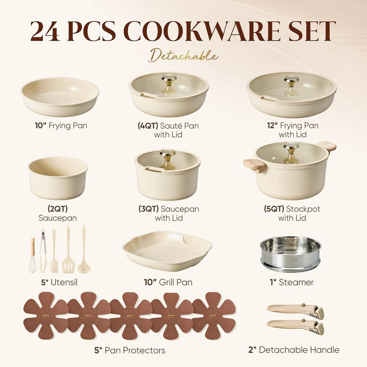 CAROTE 24Pieces Ceramic Cookware Set with Detachable Handle, Non-Toxic Pots and Pans Set Nonstick, Dishwasher/Oven Safe Non Stick Pot and Pan, Kitchen, Camping Use Cooking Set, All Stoves Compatible