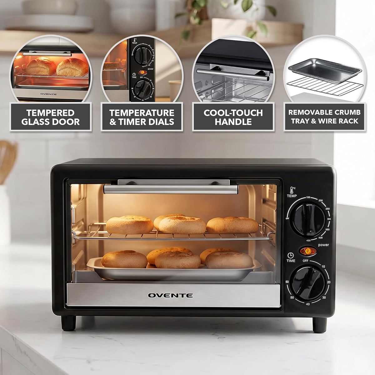 OVENTE 8L Toaster Oven, Adjustable Temperature, 60-Min Timer, Black TO2808B