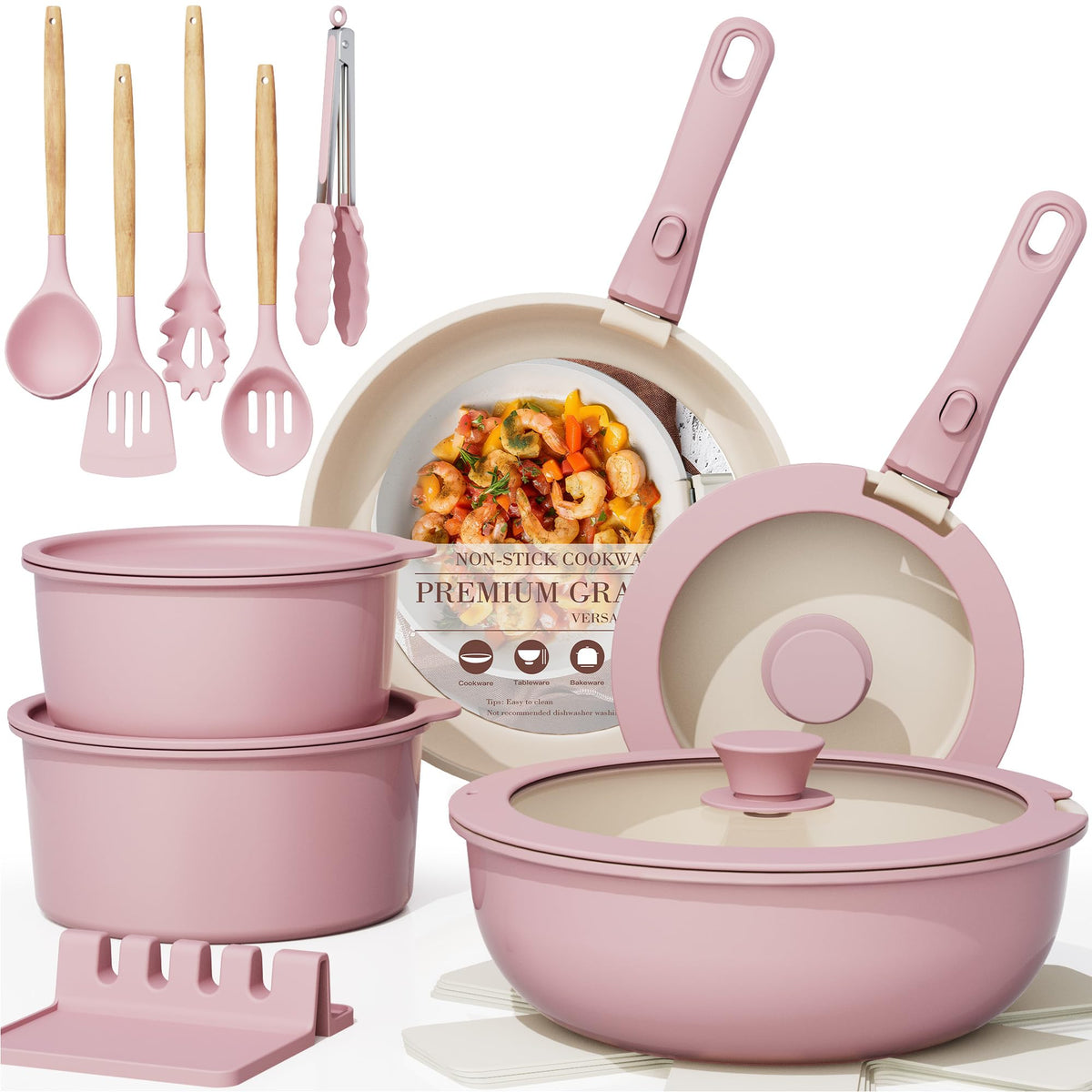 Astercook 23 Pcs Pots and Pans Set Non Stick, Ceramic Cookware Set Detachable Handle, RV Kitchen Cooking Set Removable Handles, Oven Safe, Induction Ready, Stackable, Pink, Mothers Day Gifts