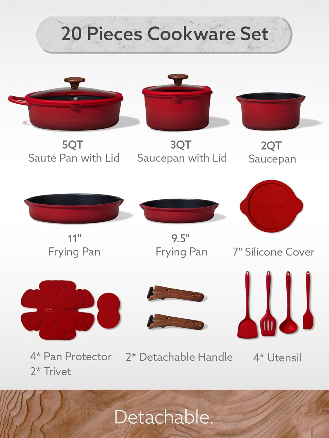 CAROTE 20pcs Titanium Cookware Set, Detachable Handle Pots and Pans Set