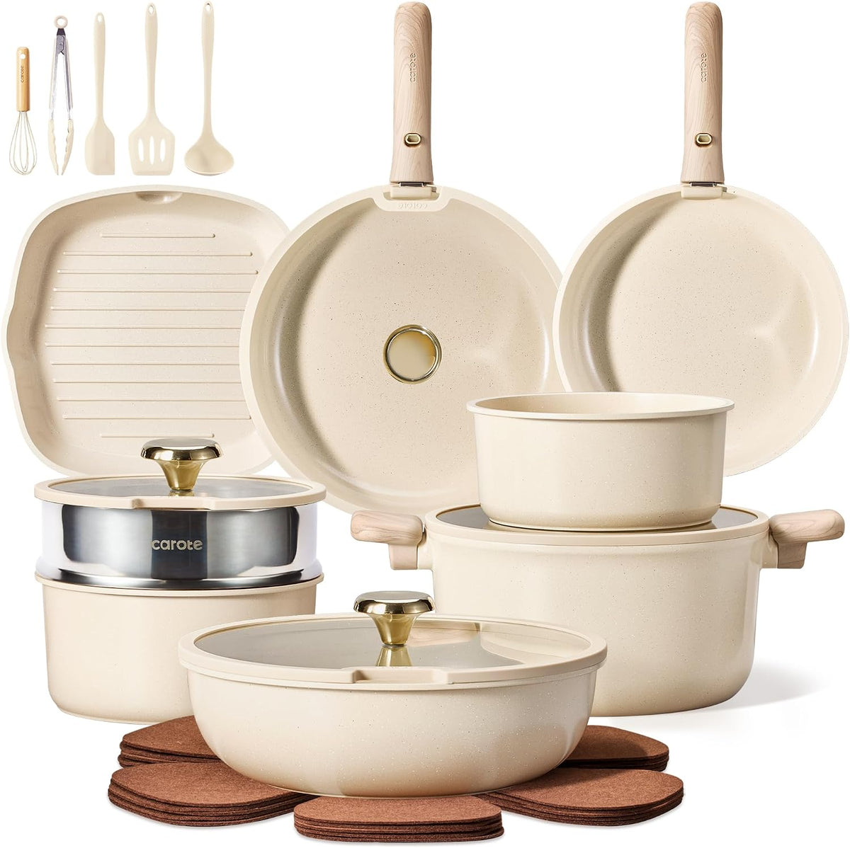 CAROTE 24Pieces Ceramic Cookware Set with Detachable Handle, Non-Toxic Pots and Pans Set Nonstick, Dishwasher/Oven Safe Non Stick Pot and Pan, Kitchen, Camping Use Cooking Set, All Stoves Compatible