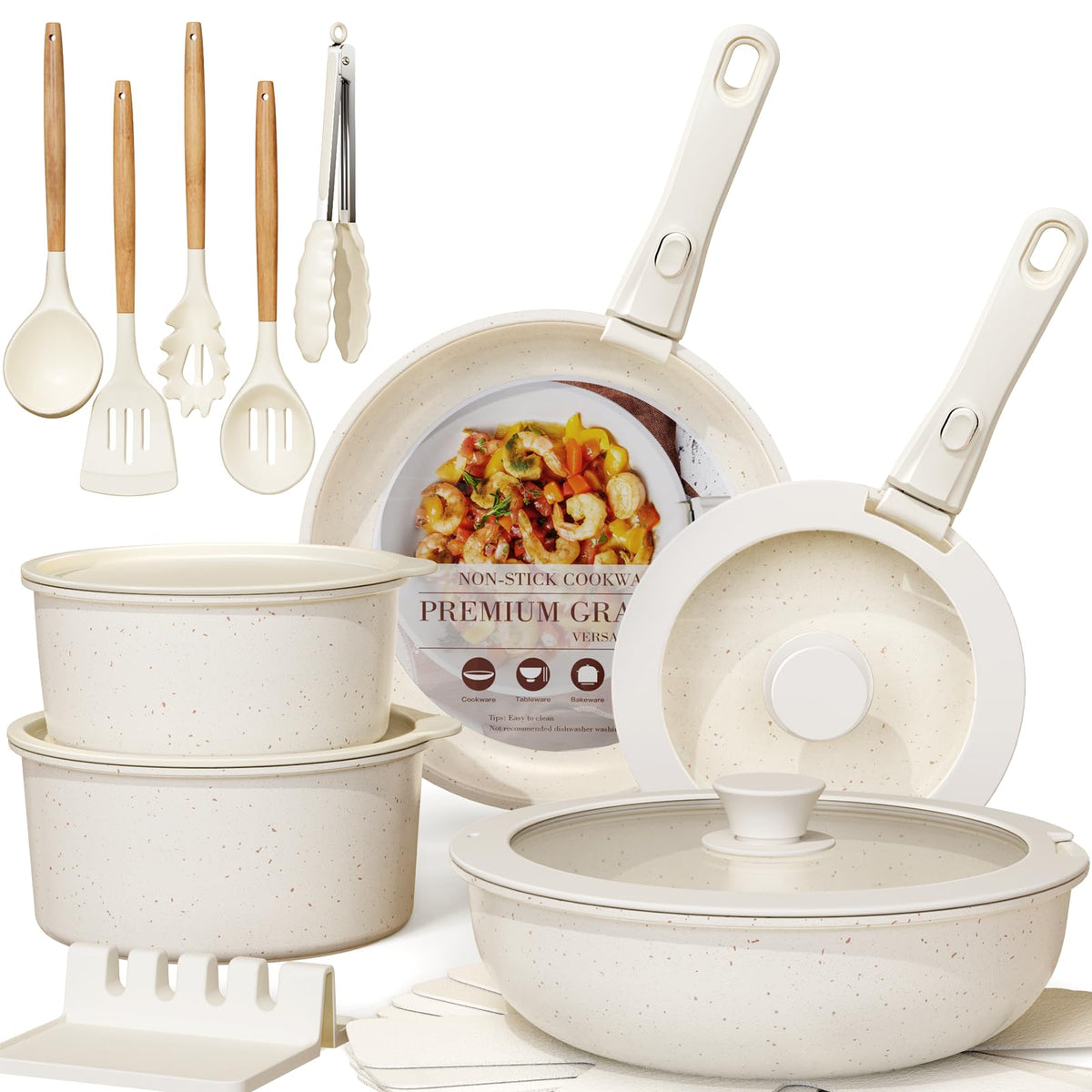 Astercook 23 Pcs Pots and Pans Set Non Stick, Ceramic Cookware Set Detachable Handle, RV Kitchen Cooking Set Removable Handles, Oven Safe, Induction Ready, Stackable, Cream, Fathers Day Gift for Men