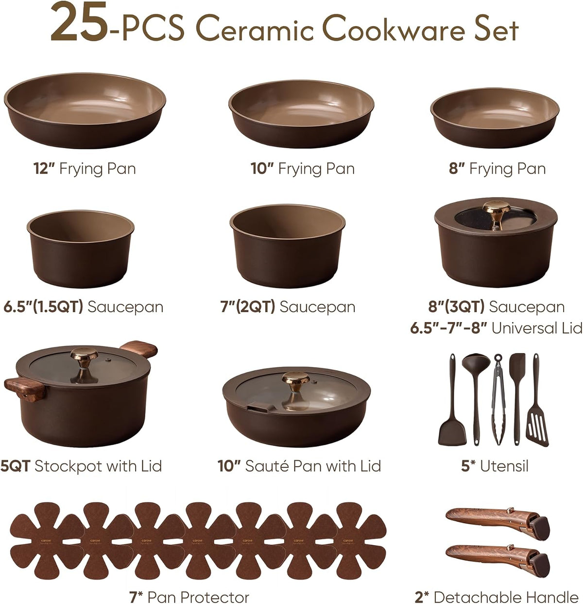 CAROTE 25pcs Ceramic Cookware Set, Pots and Pans Set with Detachable Handle