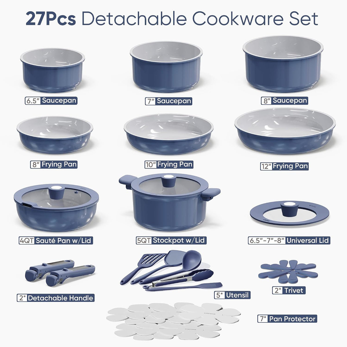 CAROTE 27pcs Ceramic Cookware Set, Pots and Pans Set with Detachable Handle