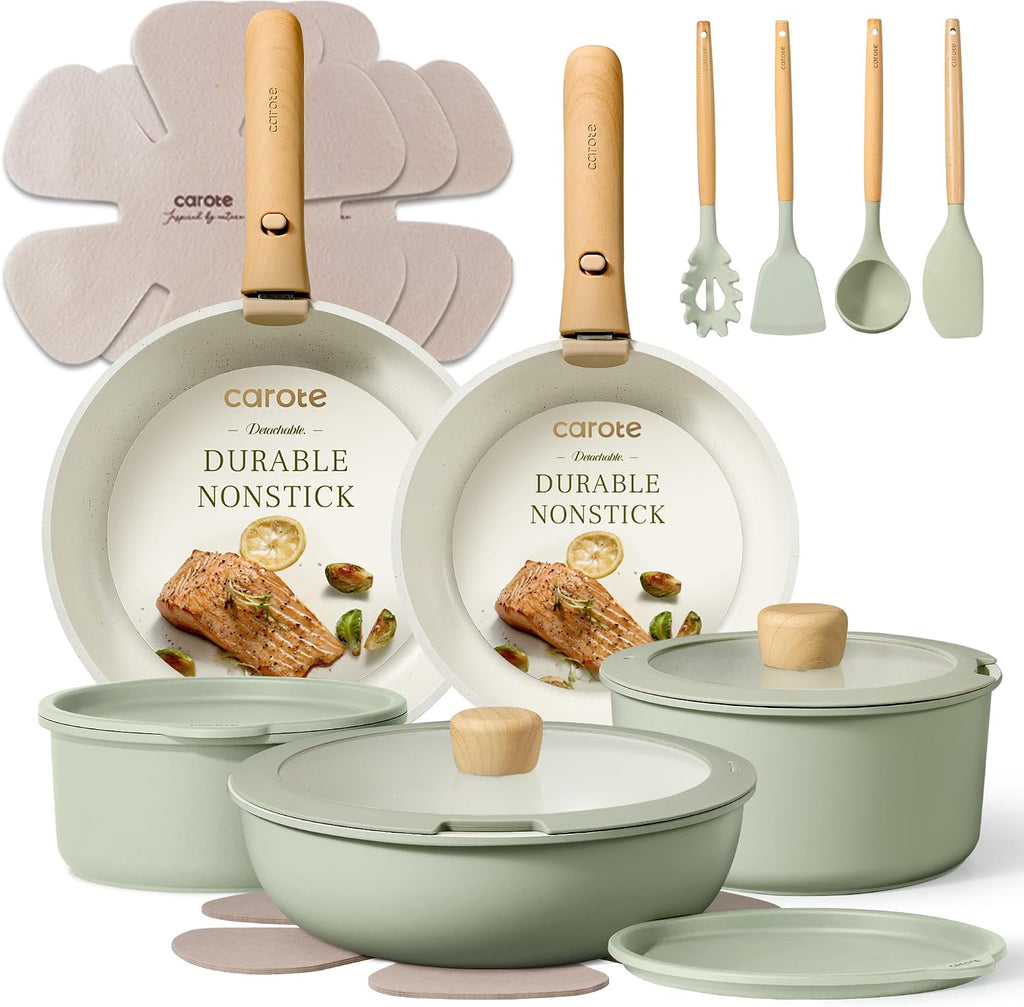CAROTE 19pcs Pots and Pans Set Non Stick, Detachable Handle Cookware, Green