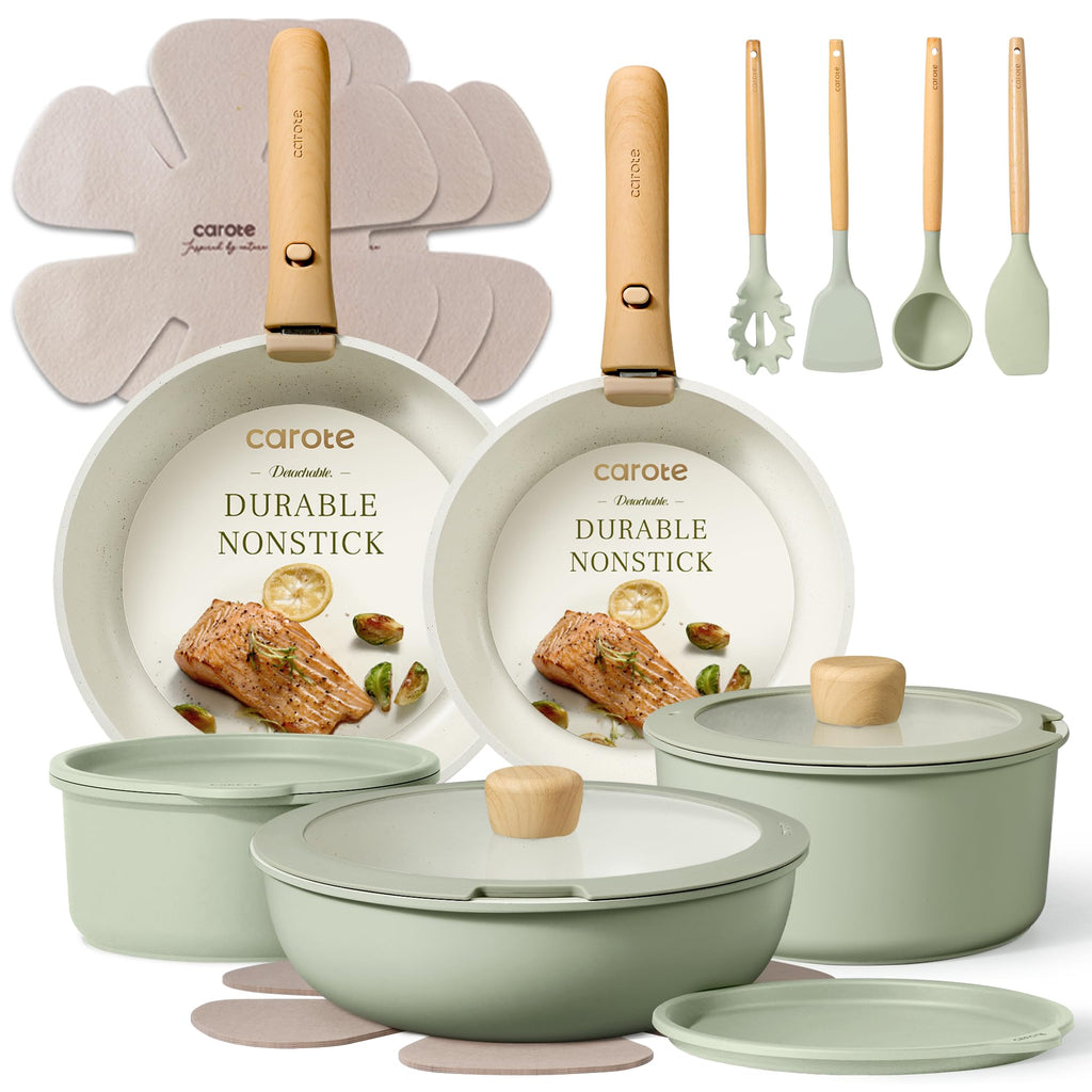 CAROTE 19pcs Pots and Pans Set Non Stick, Detachable Handle Cookware, Green
