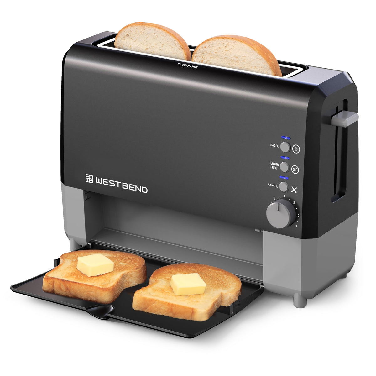 West Bend QuikServe Toaster, 2-Slice Wide-Slot Slide-Through Bread Toaster with Bagel and Gluten-Free Settings and Cool-Touch Exterior Fast Toasting, Includes Removable Serving Tray, 1400-Watts, Black