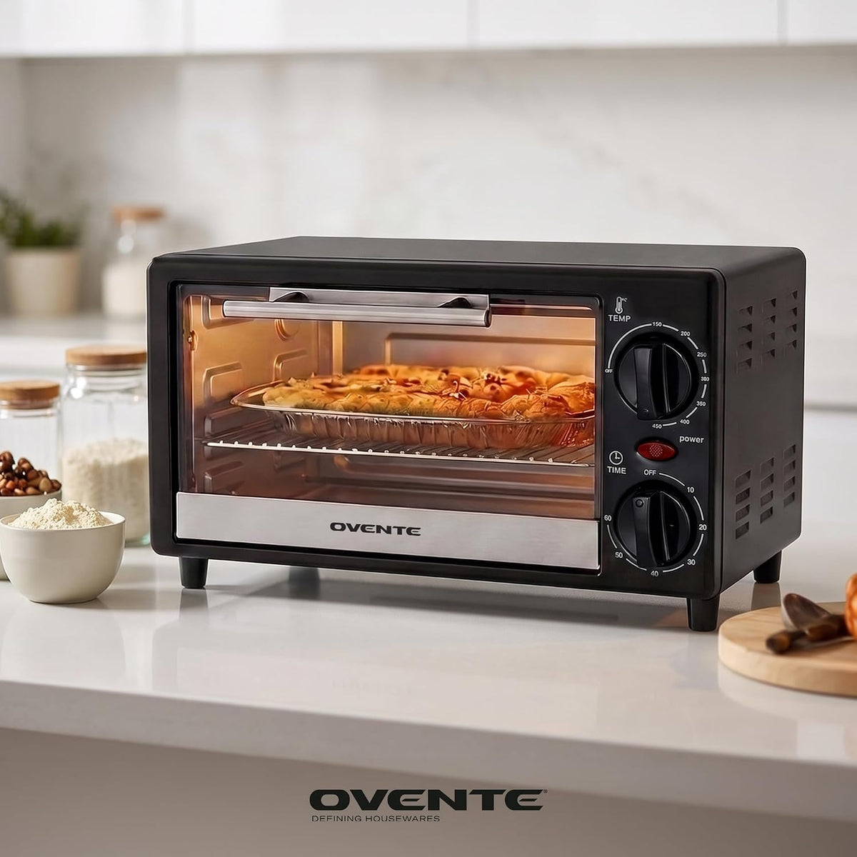 OVENTE 8L Toaster Oven, Adjustable Temperature, 60-Min Timer, Black TO2808B