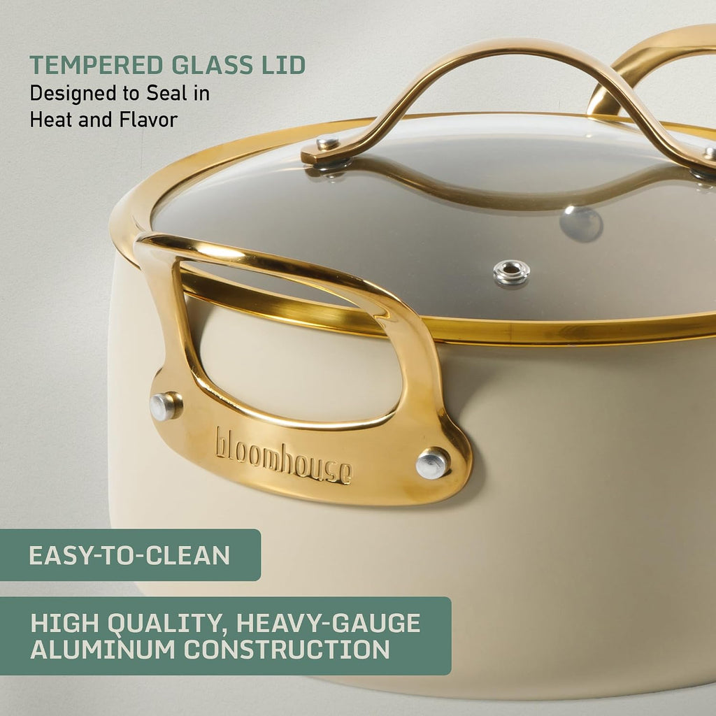 Bloomhouse 15-Piece Ceramic Nonstick Cookware Set, Two Time Oprah's Favorite Things, Heavy-Gauge Aluminum Pots and Pans Set, PFAS & PFOA & PTFE Free Ceramic Cookware, Oven Safe to 500°F, Almond Cream