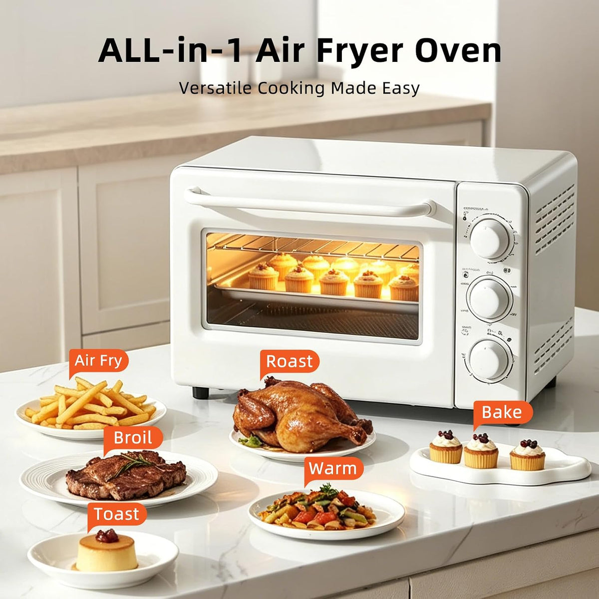 Novaspark Air Fryer Toaster Oven Combo, Retro Convection Oven Countertop,19QT Small Toaster Oven, 4-slices or 9" Pizza,Bake,Toast,Broil, Air Fry, Rapid Heating Mini Conventional Oven, Non-Stick, White
