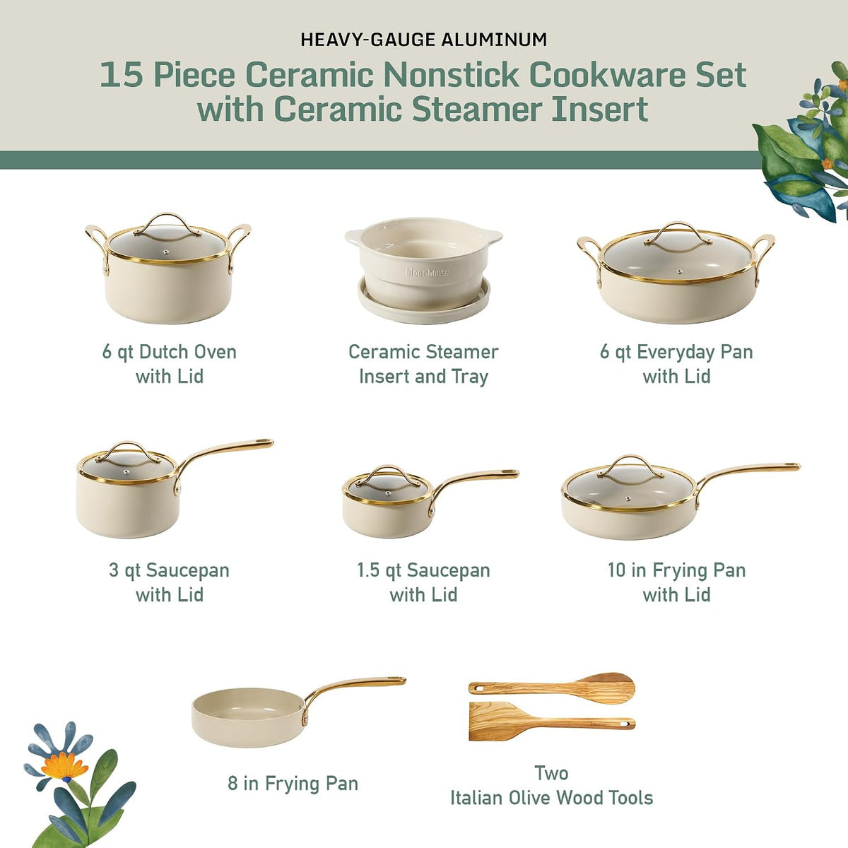 Bloomhouse 15-Piece Ceramic Nonstick Cookware Set, Two Time Oprah's Favorite Things, Heavy-Gauge Aluminum Pots and Pans Set, PFAS & PFOA & PTFE Free Ceramic Cookware, Oven Safe to 500°F, Almond Cream