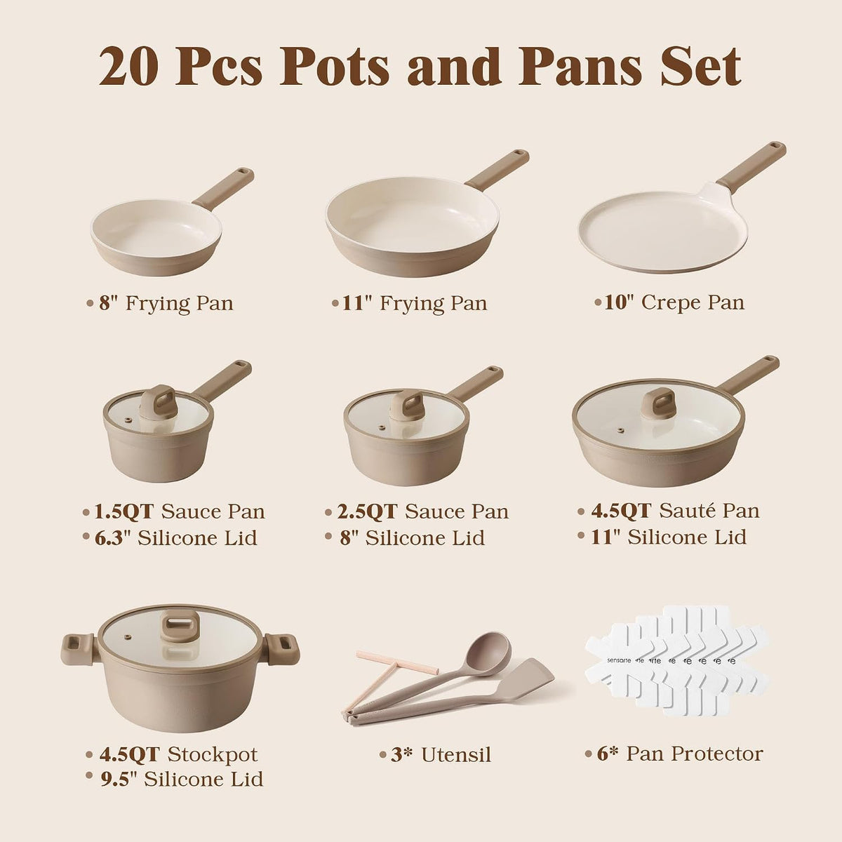 SENSARTE Ceramic Pots and Pans Set Nonstick, 20Pcs Cookware Set, Taupe