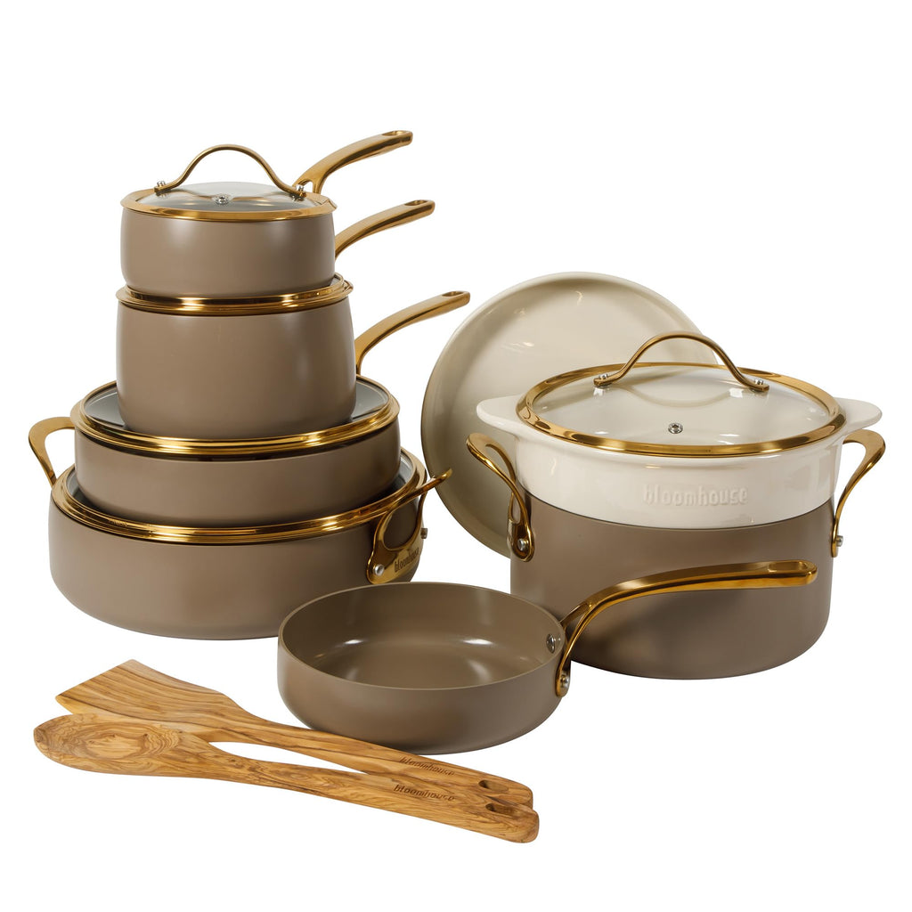 Bloomhouse 15-Piece Ceramic Nonstick Cookware Set, Two Time Oprah's Favorite Things, Heavy-Gauge Aluminum Pots and Pans Set, PFAS & PFOA & PTFE Free Ceramic Cookware, Oven Safe to 500°F, Almond Cream