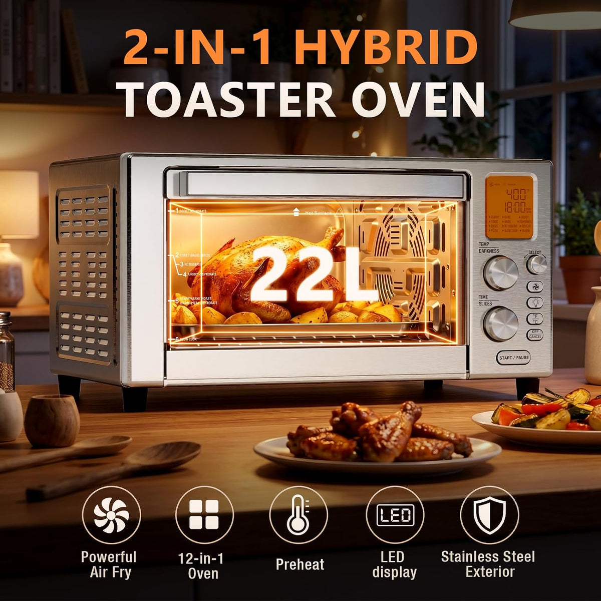 Electactic 12-in-1 Air Fryer Toaster Oven Combo, 22L Countertop Oven