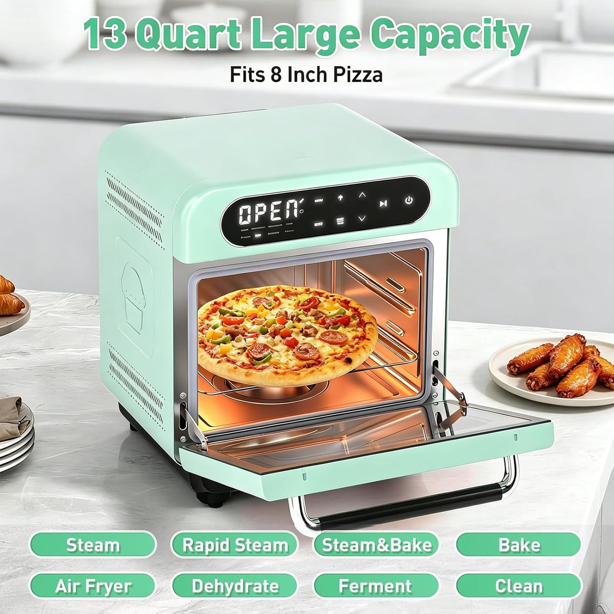 Secura 13-Quart Steam Air Fryer Oven, 10-in-1 Multifunction Convection Toaster Oven with Rapid Steam, Bake, Dehydrate, Ferment, Healthy Nutritious Food Steamer, Compact Countertop Oven, Mint Green