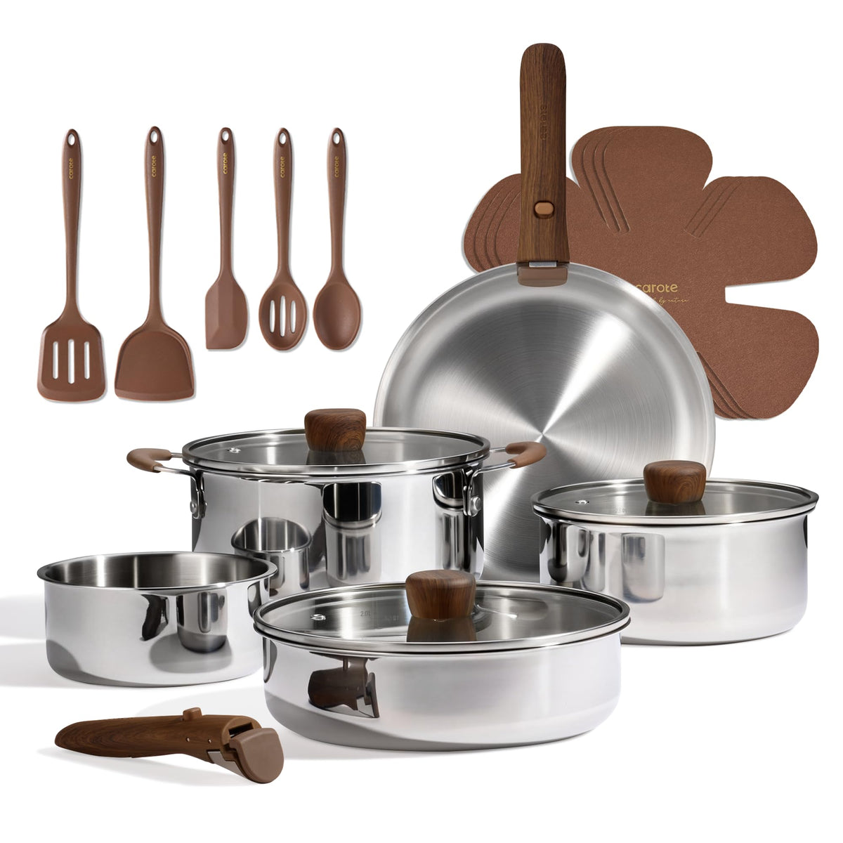 CAROTE 19pcs Tri-Ply Stainless Steel Cookware Set with Detachable Handle