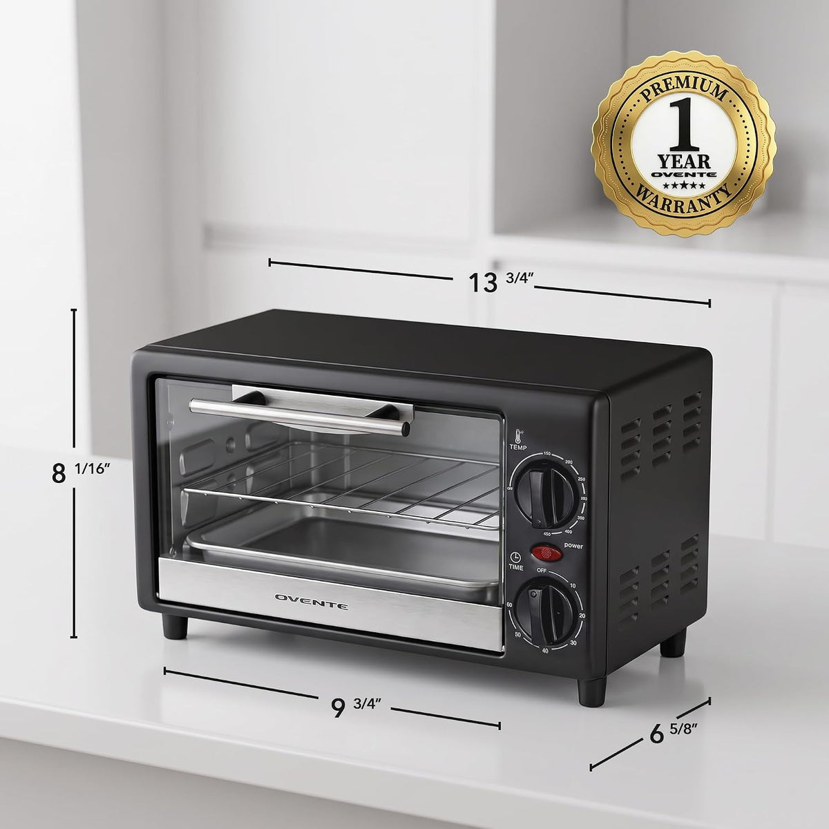 OVENTE 8L Toaster Oven, Adjustable Temperature, 60-Min Timer, Black TO2808B