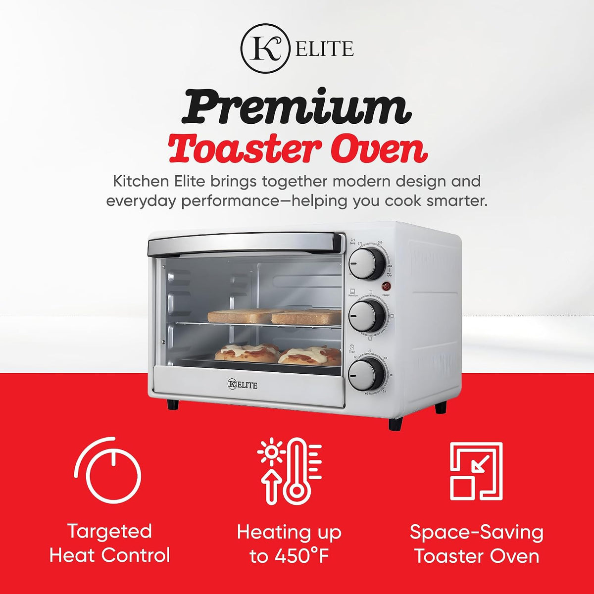 Kitchen Elite Toaster Oven, Compact Countertop Cooking Appliance, White