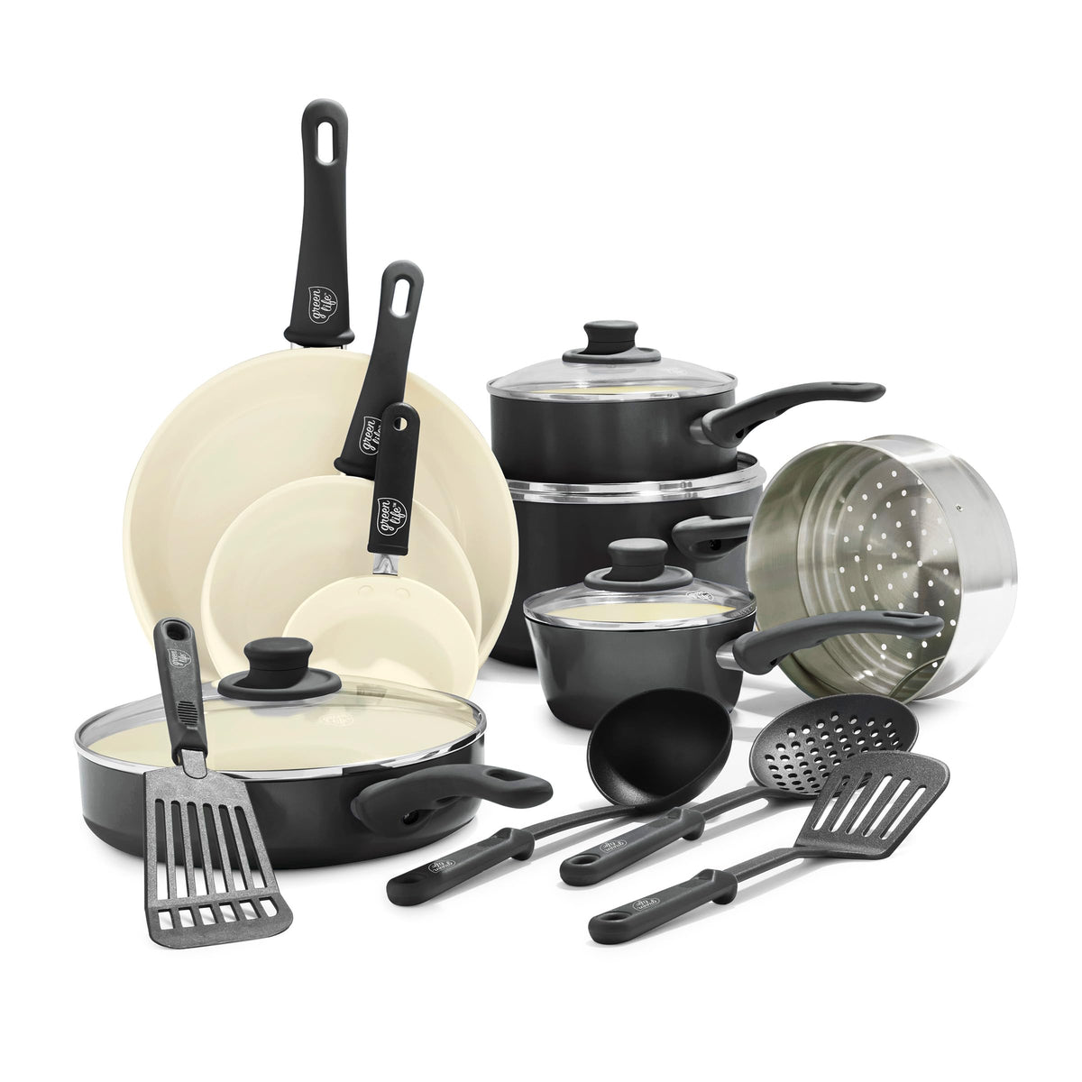 GreenLife 16 Piece Ceramic Nonstick Pots & Pans Cookware Set, Black