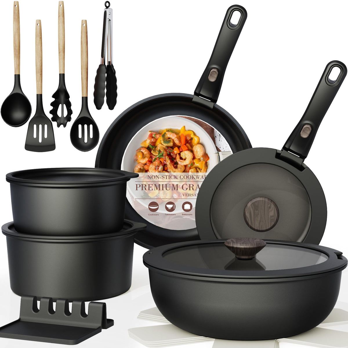Astercook 23 Pcs Pots and Pans Set Non Stick, Ceramic Cookware Set Detachable Handle, RV Kitchen Cooking Set Removable Handles, Oven Safe, Induction Ready, Stackable, Cream, Fathers Day Gift for Men
