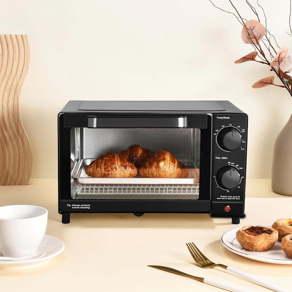 4 Slice Countertop Toaster Oven With 3 Cooking Settings, Black, Includes Baking Rack And Pan, 1050 Watts Quartz Heating Elements