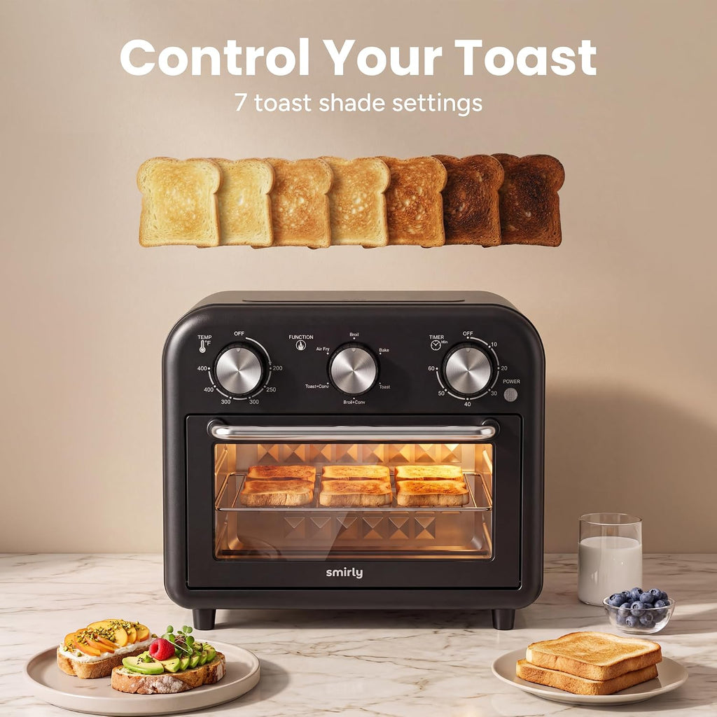 SMIRLY 6-in-1 Air Fryer Toaster Oven Combo, 13QT Small Toaster Oven Black